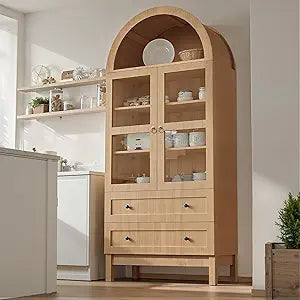 Arched Kitchen Pantry Cabinet with Glass Doors