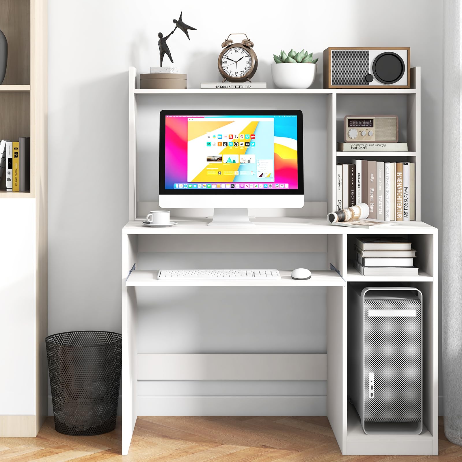 White Modern Computer Desk with Storage Shelf and Hutch