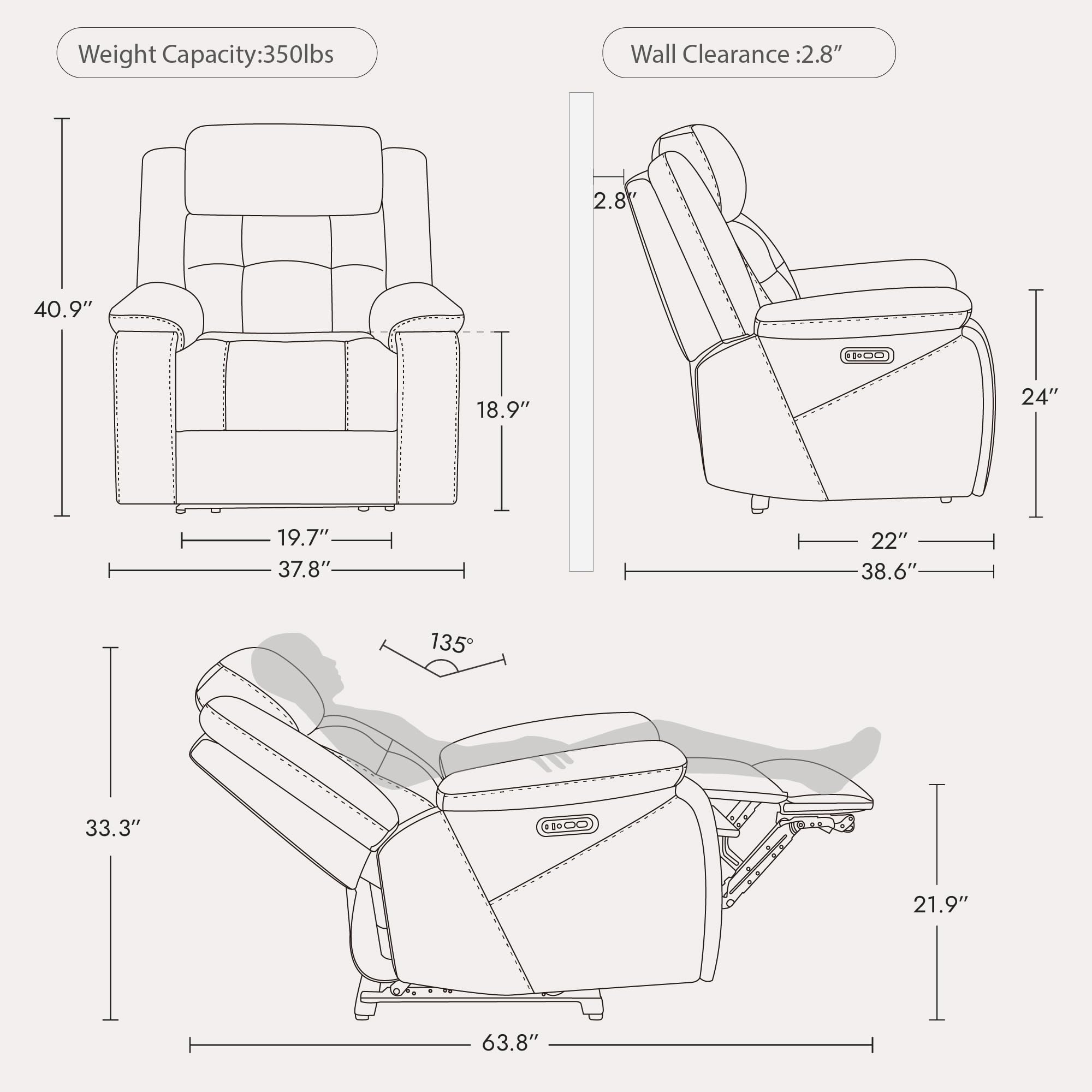 Watson & Whitely Genuine Leather Power Recliner Chair for Adults, Wall Hugger Recliner with Power Headrest, Cup Holders & Charging Ports, Electric Reclining Chairs for Living Room, RV, Navy Blue