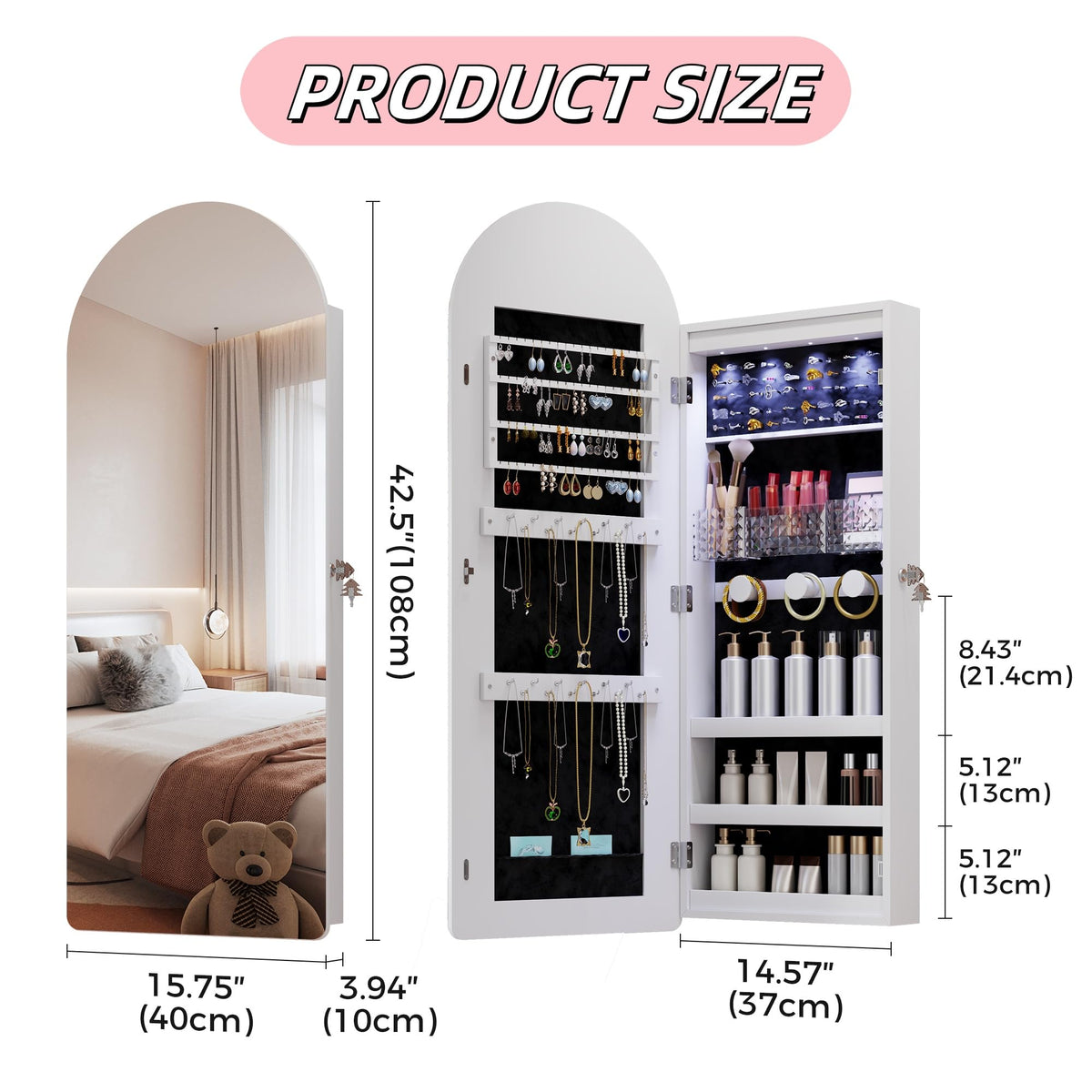Wall Mounted Jewelry Armoire with Full Length Mirror and LED Light