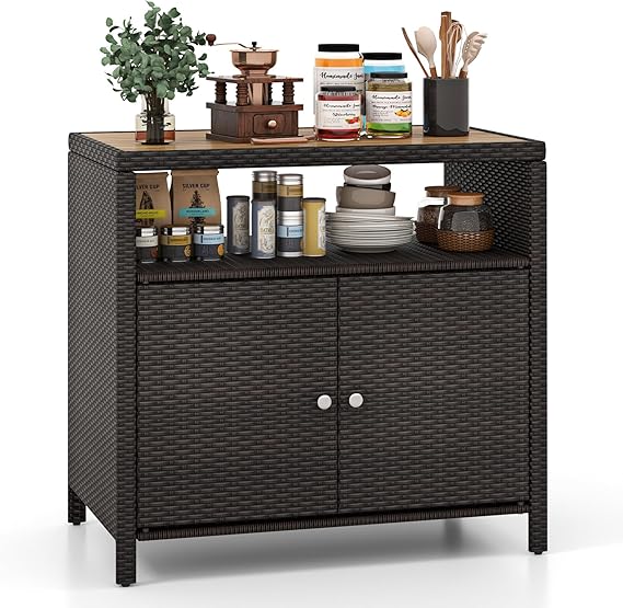 Wicker Outdoor Bar Cabinet with Acacia Wood Countertop