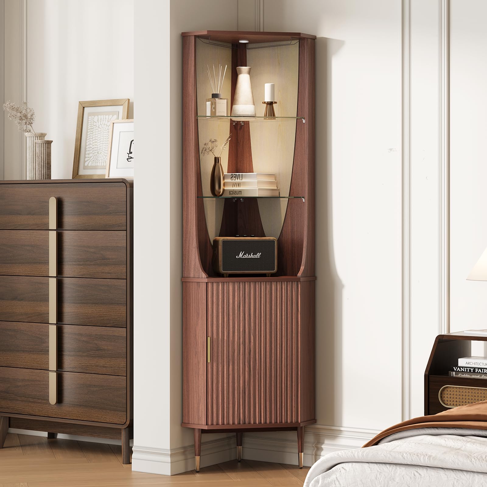 70" Tall Corner Bar Cabinet with Lighting