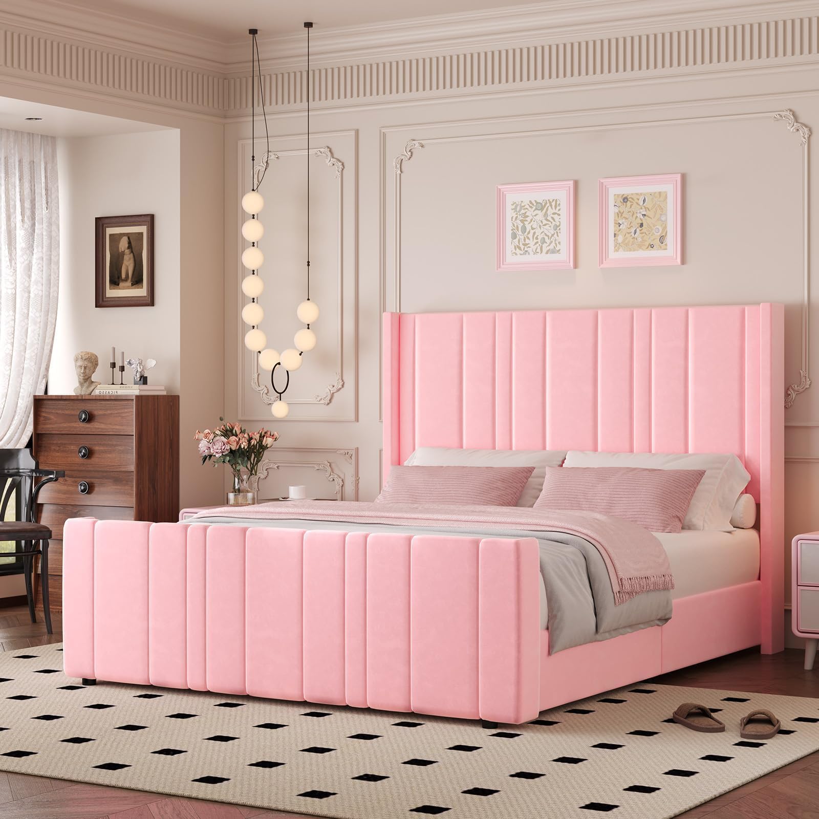 Pink Velvet Queen Bed Frame with Tufted Headboard