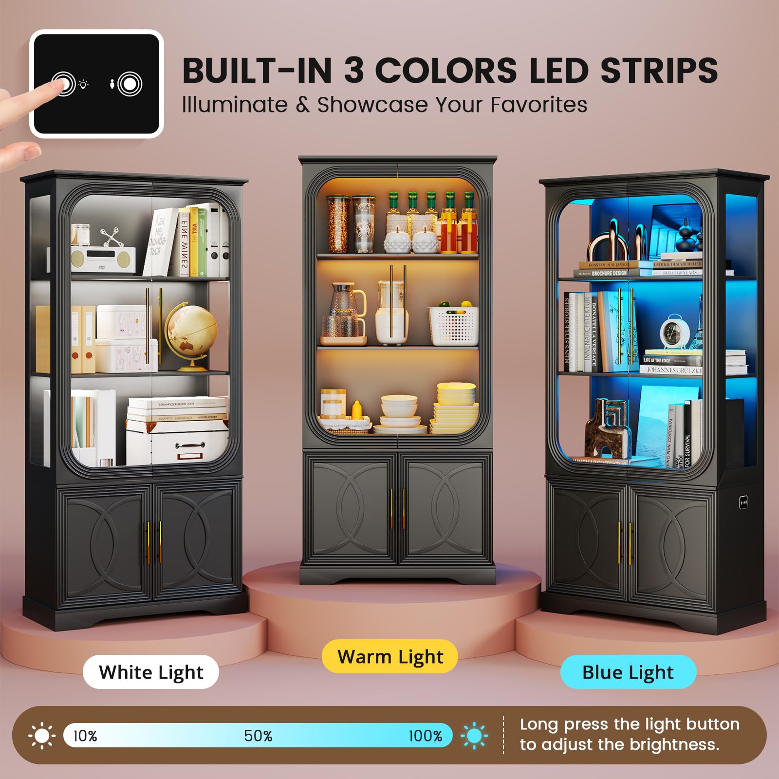 Display Curio Cabinet with Glass Doors and LED Lights