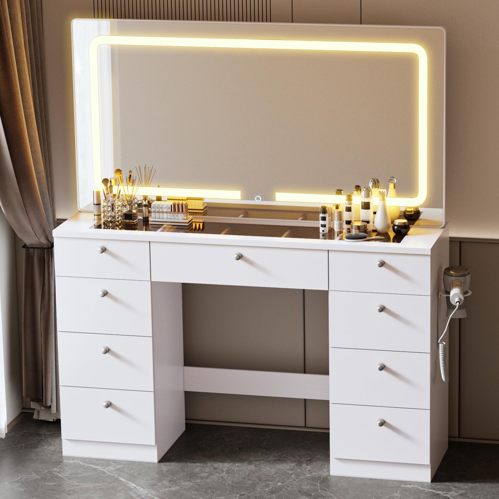 46 Inch Makeup Vanity Desk with Mirror and LED Lights