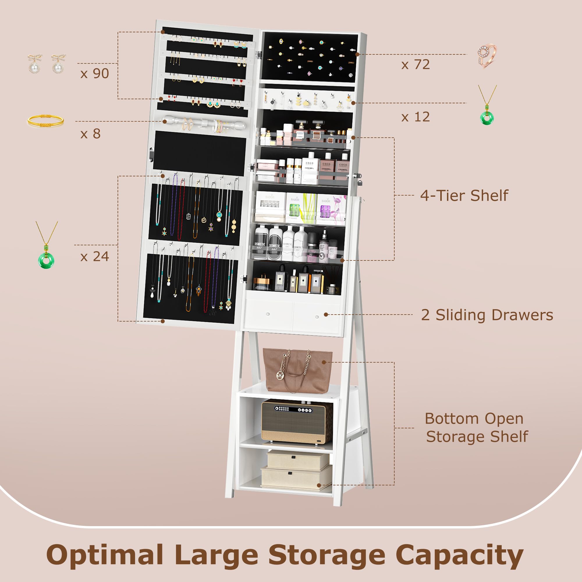 63" Full Length Jewelry Cabinet with LED Lights
