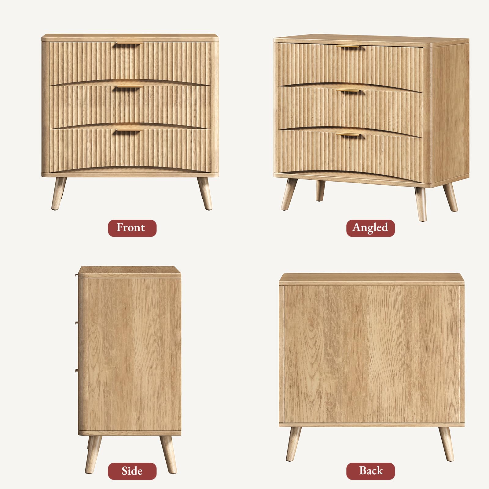 Oversized Fluted Nightstands Set of 2 - 3 Drawers