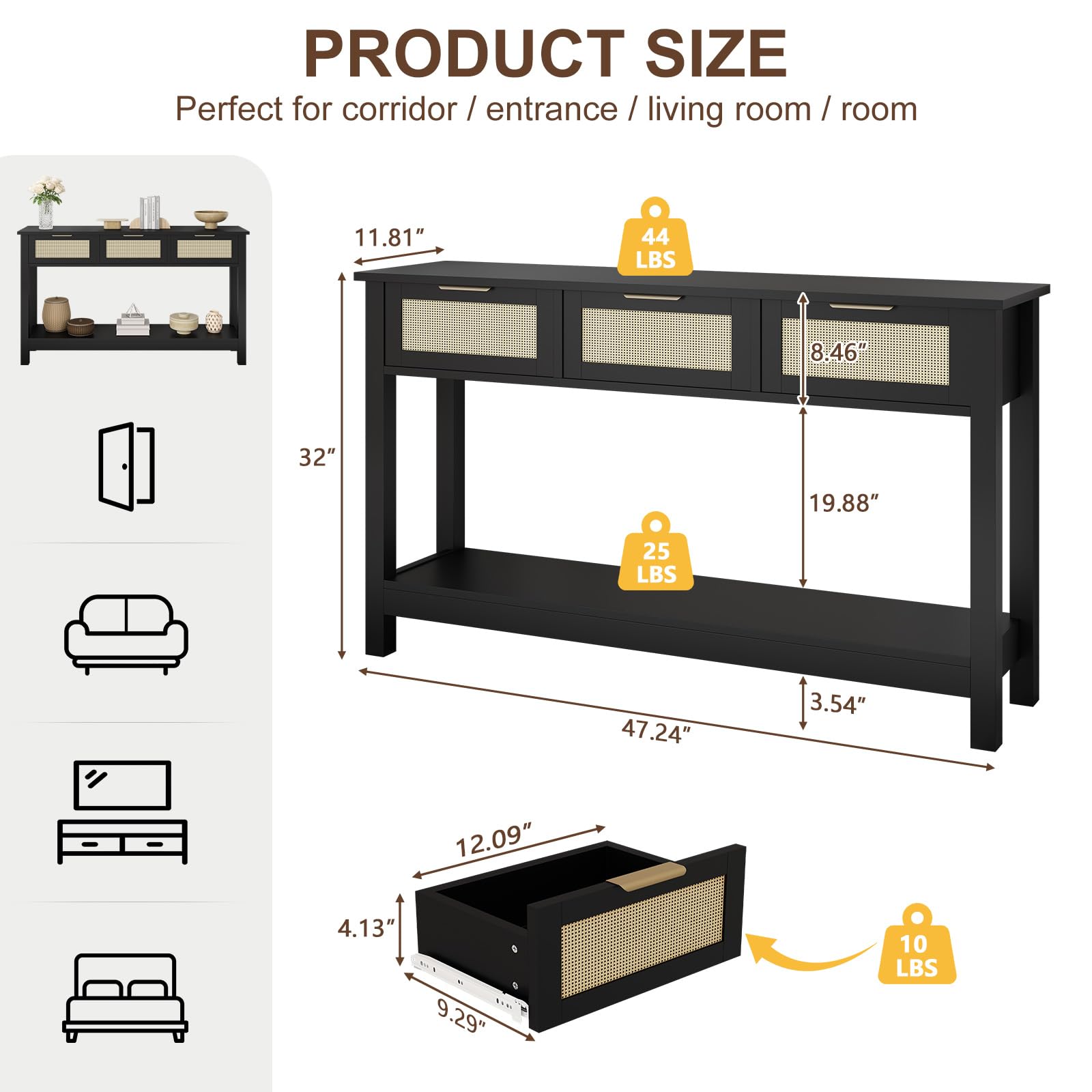 Console Table with 3 Rattan Drawers - 47 Inch Black