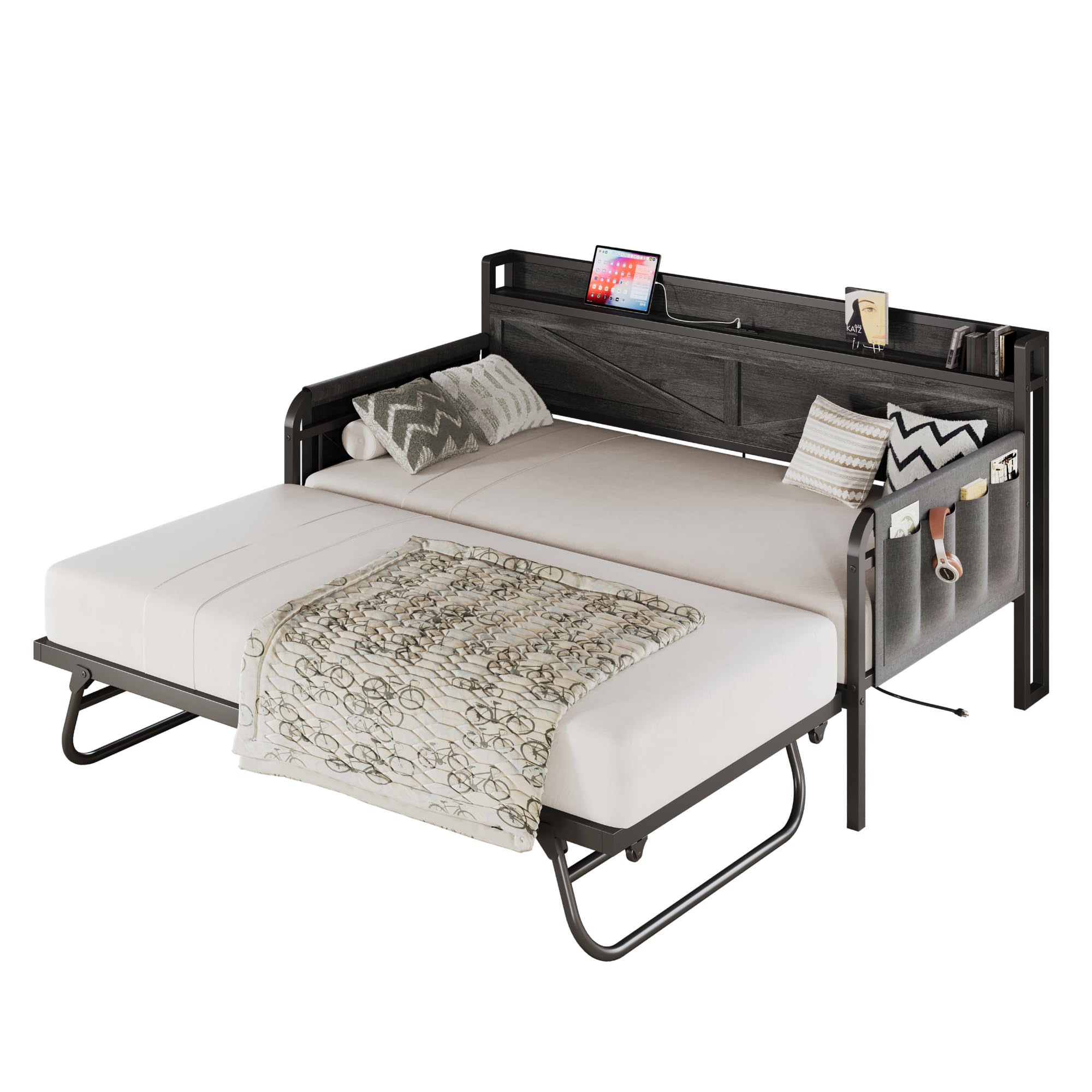 Twin Daybed with Trundle and Storage Headboard