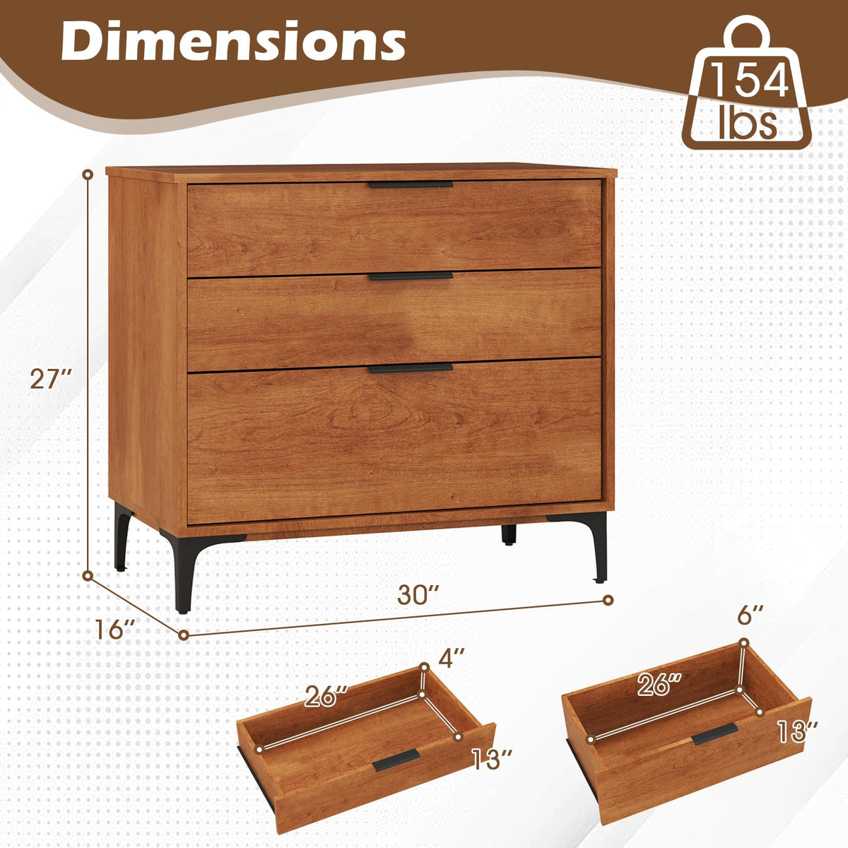 3-Drawer Mid-Century Modern Dresser with Anti-Tip Kit