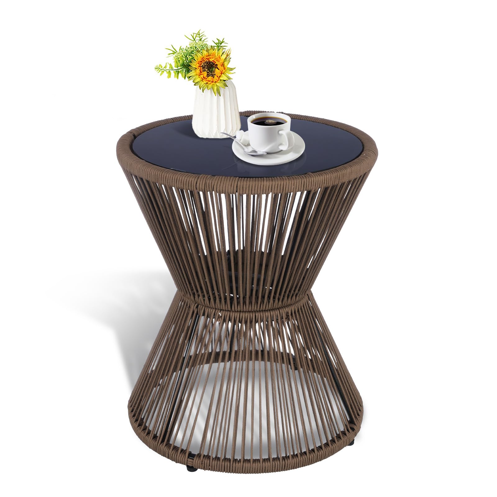 Woven Rope Side Table with Glass Top