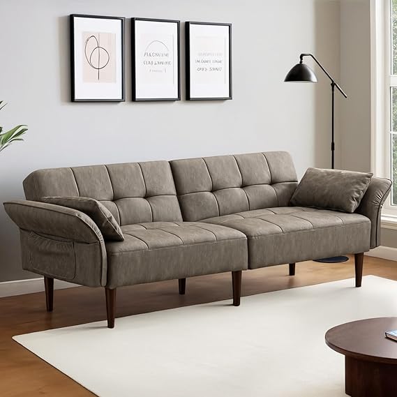 85" Futon Sofa Bed with Storage and Adjustable Armrests