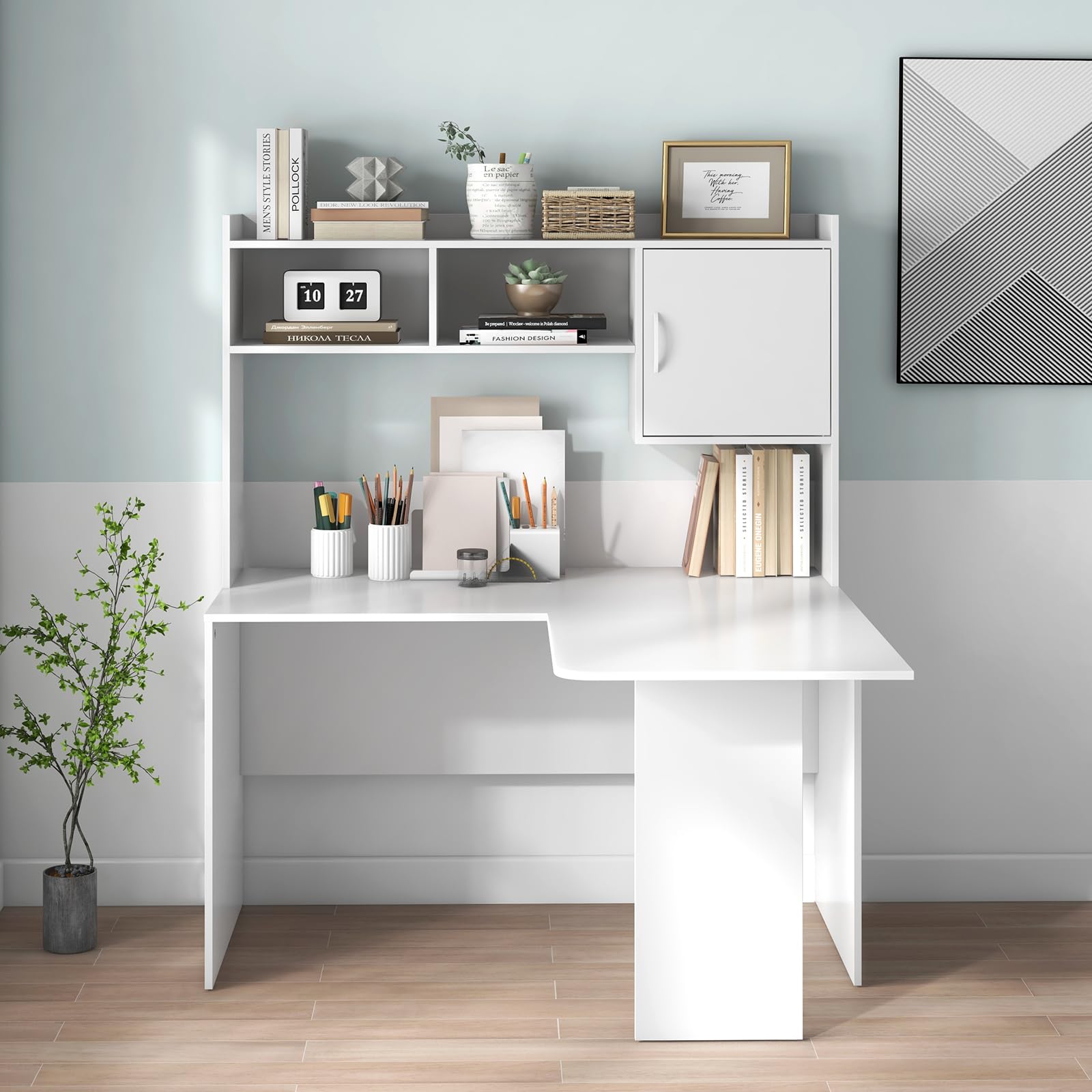 L-Shaped Desk with Storage Hutch and Cabinet