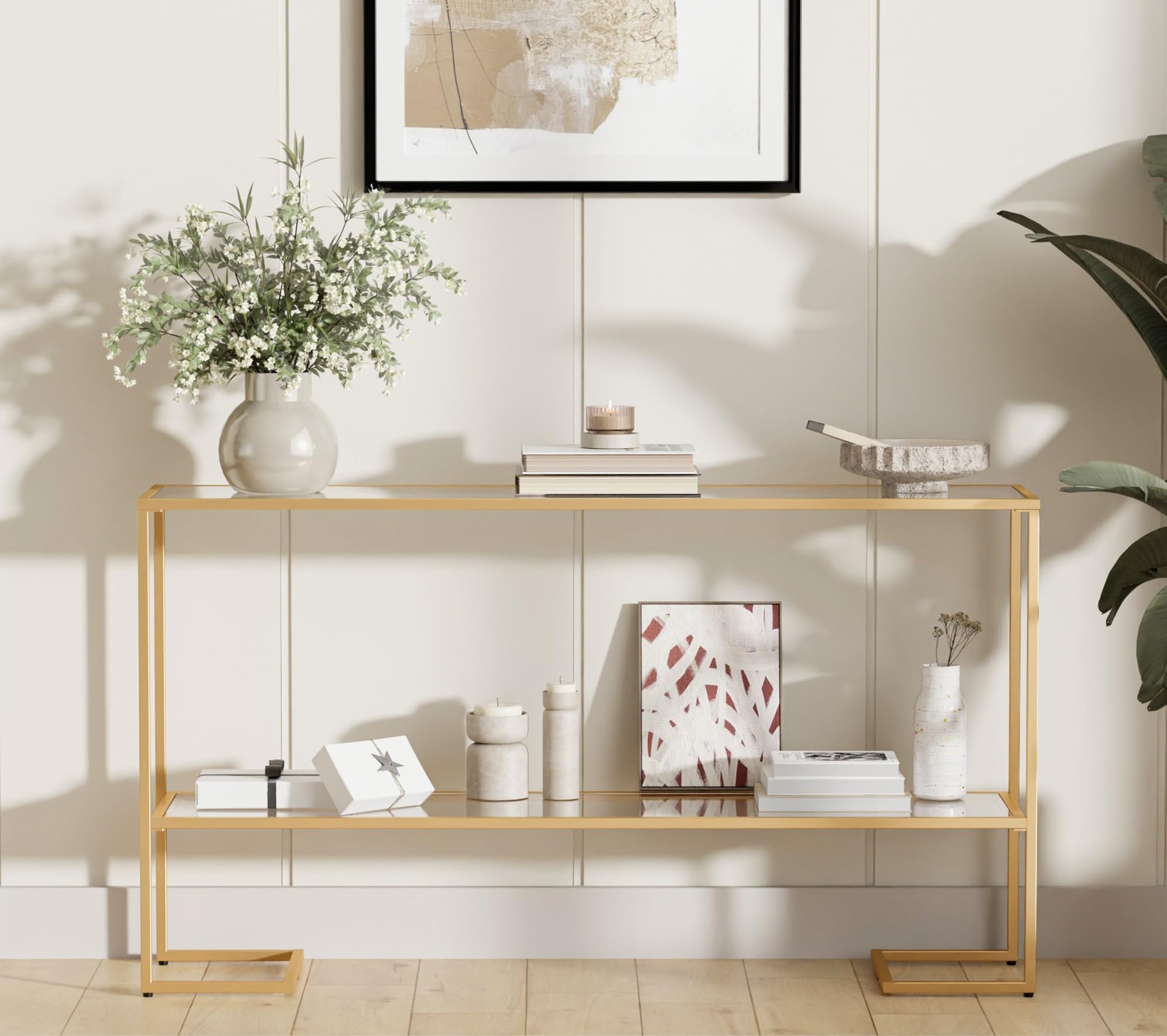 52" Entryway Console Table with Tempered Glass Shelves