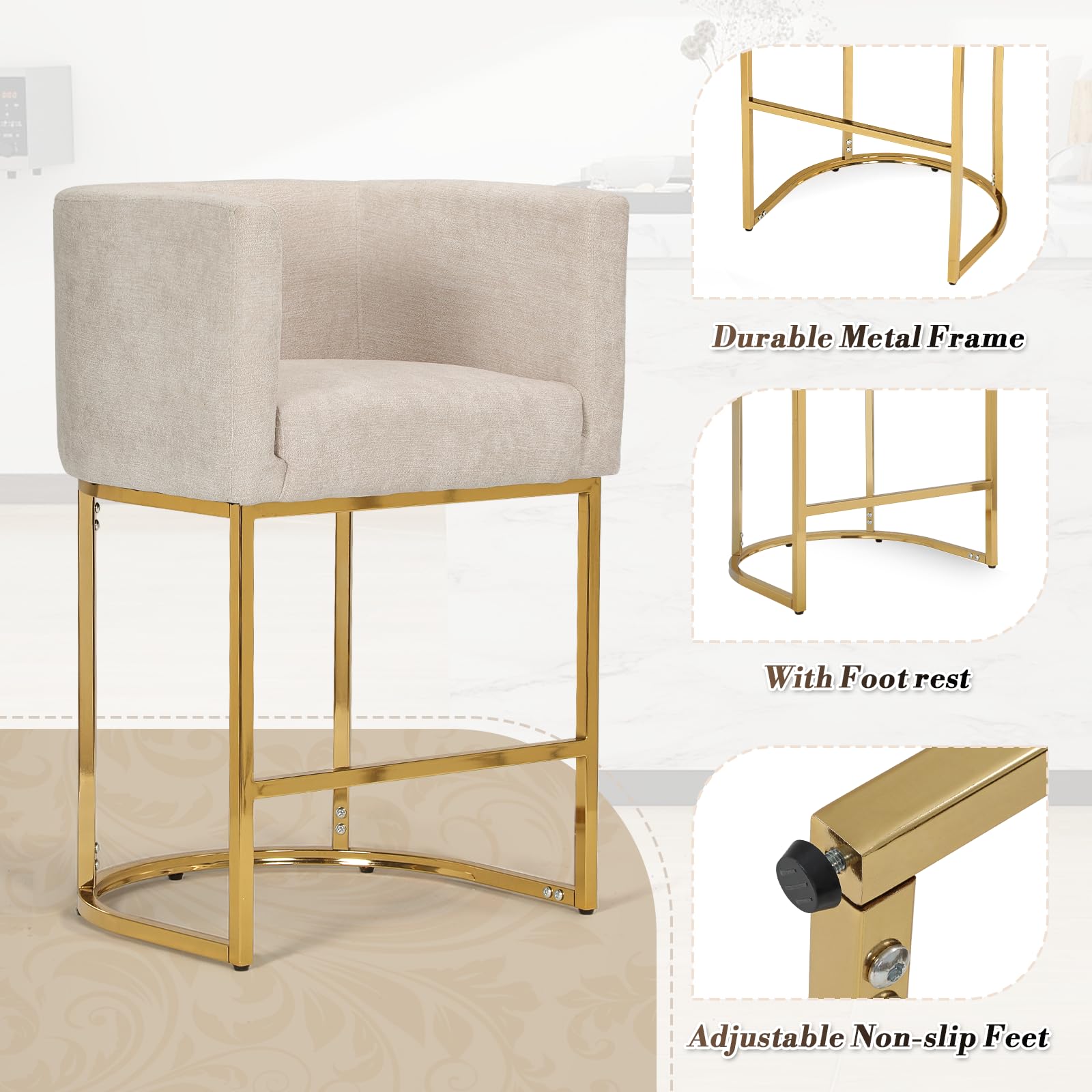Upholstered Bar Stool Set of 2 with Gold Metal Stand