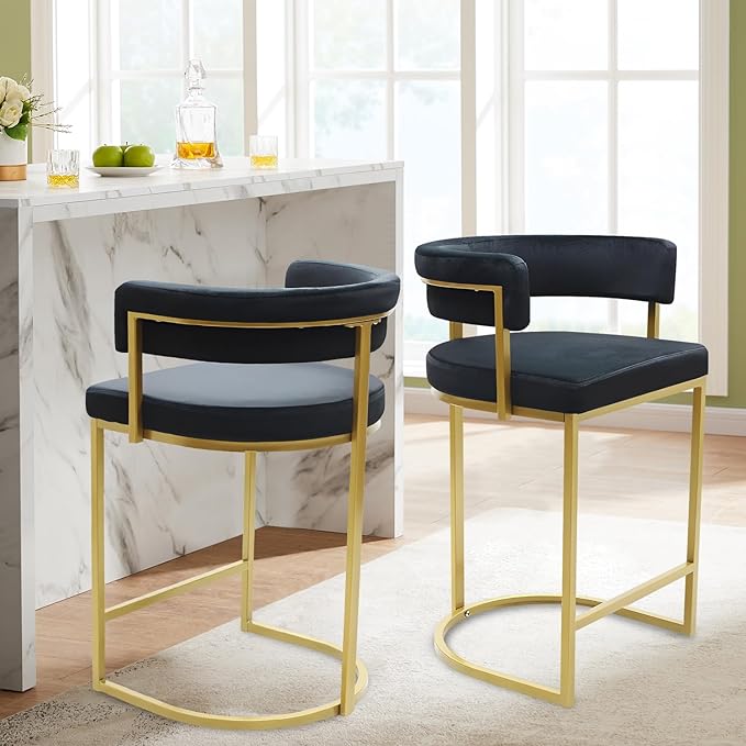 Black Velvet Bar Stools Set of 3 with Gold Footrest