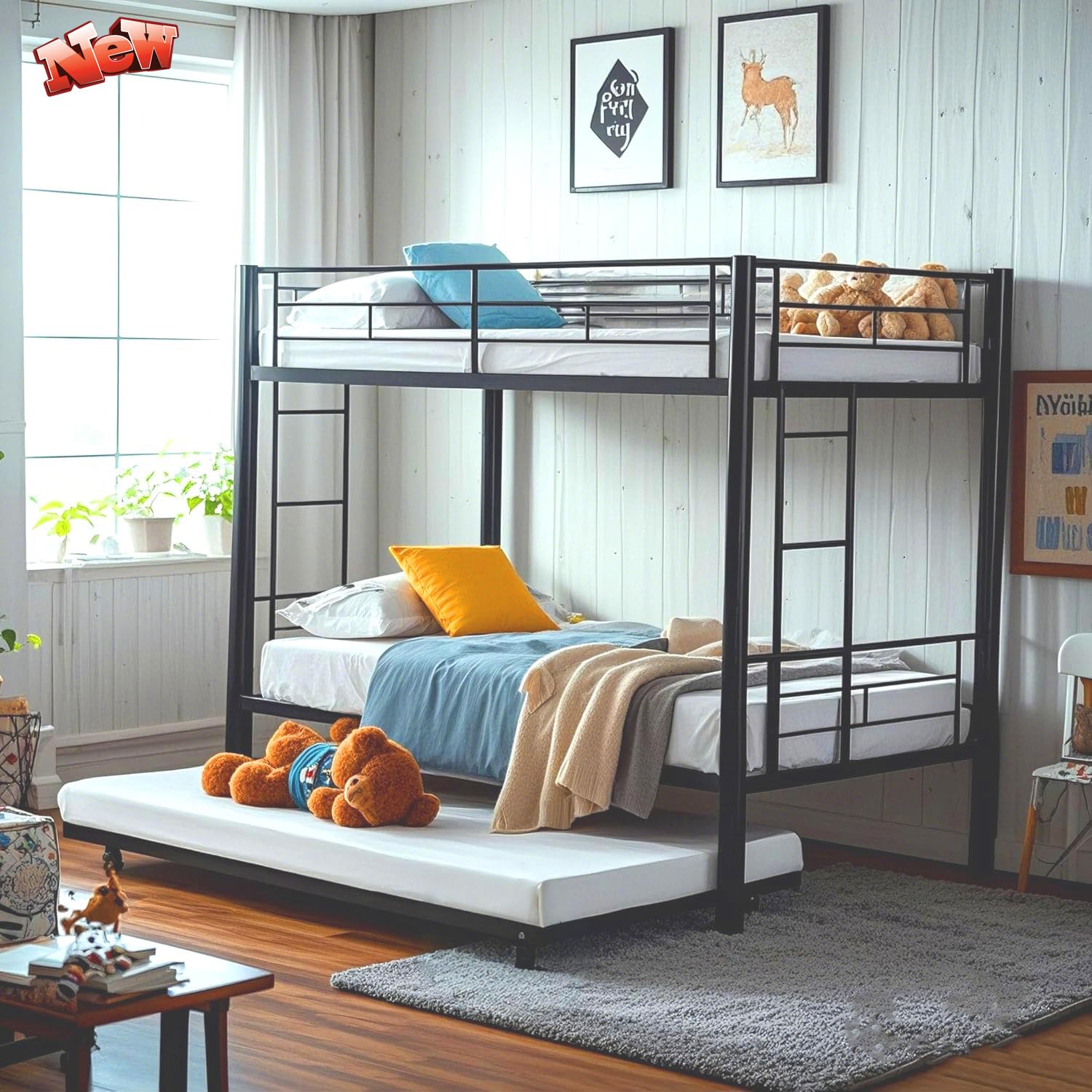 Heavy Duty Metal Bunk Bed Twin Over Twin with Trundle
