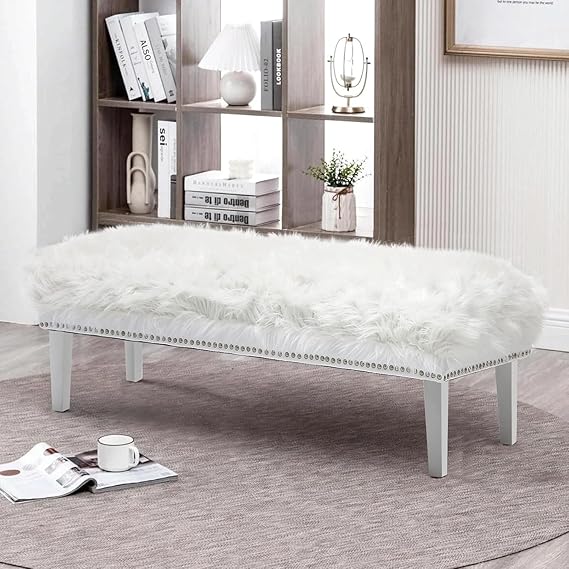White Faux Fur Upholstered Bench with Wooden Legs