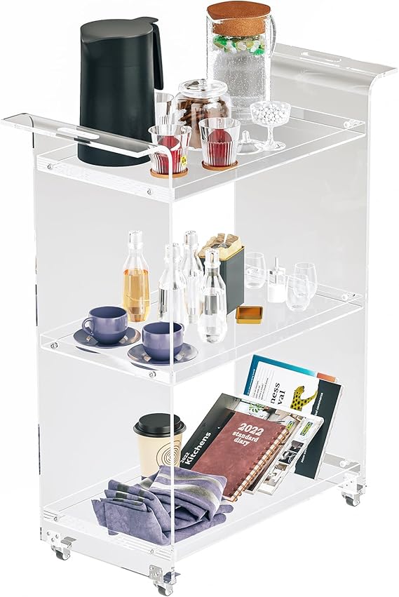 Acrylic Bar Cart 3-Tier Rolling Serving Cart with Lockable Wheels