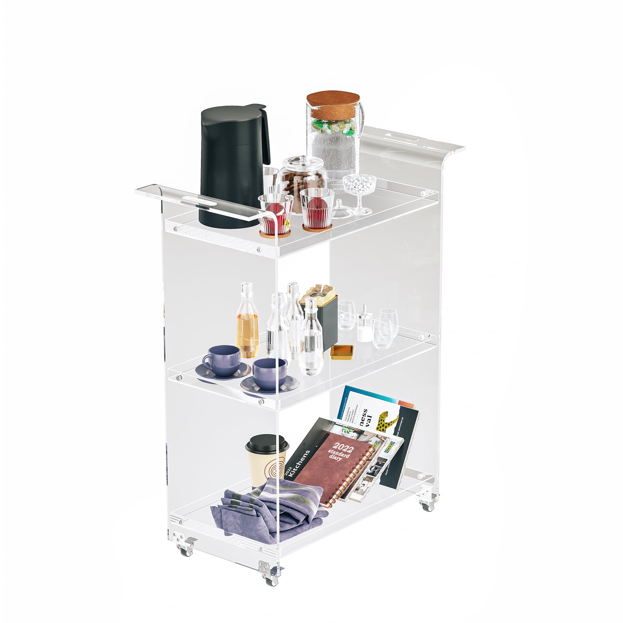 Acrylic Bar Cart 3-Tier Rolling Serving Cart with Lockable Wheels
