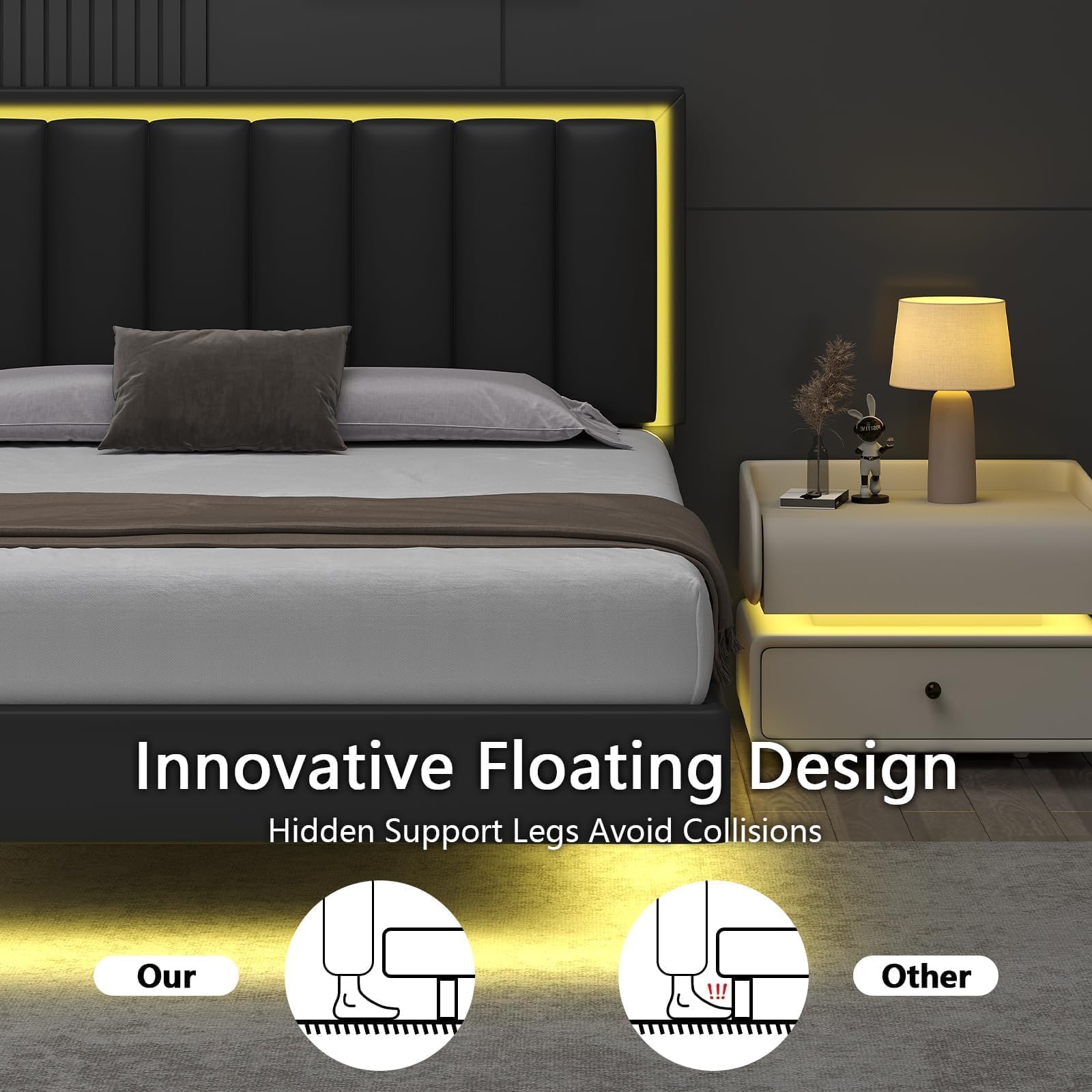 King Floating Bed Frame with LED Lights