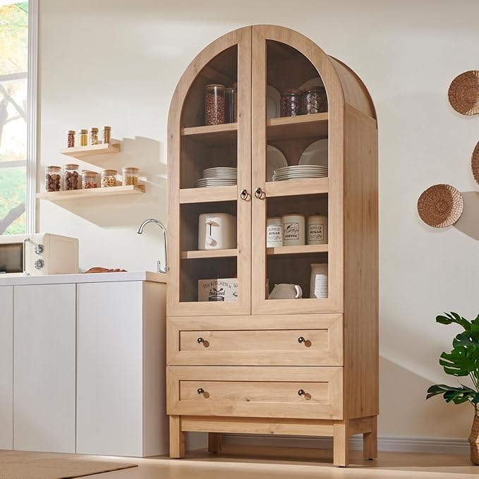 71" Tall Arched Kitchen Pantry Cabinet with Glass Doors