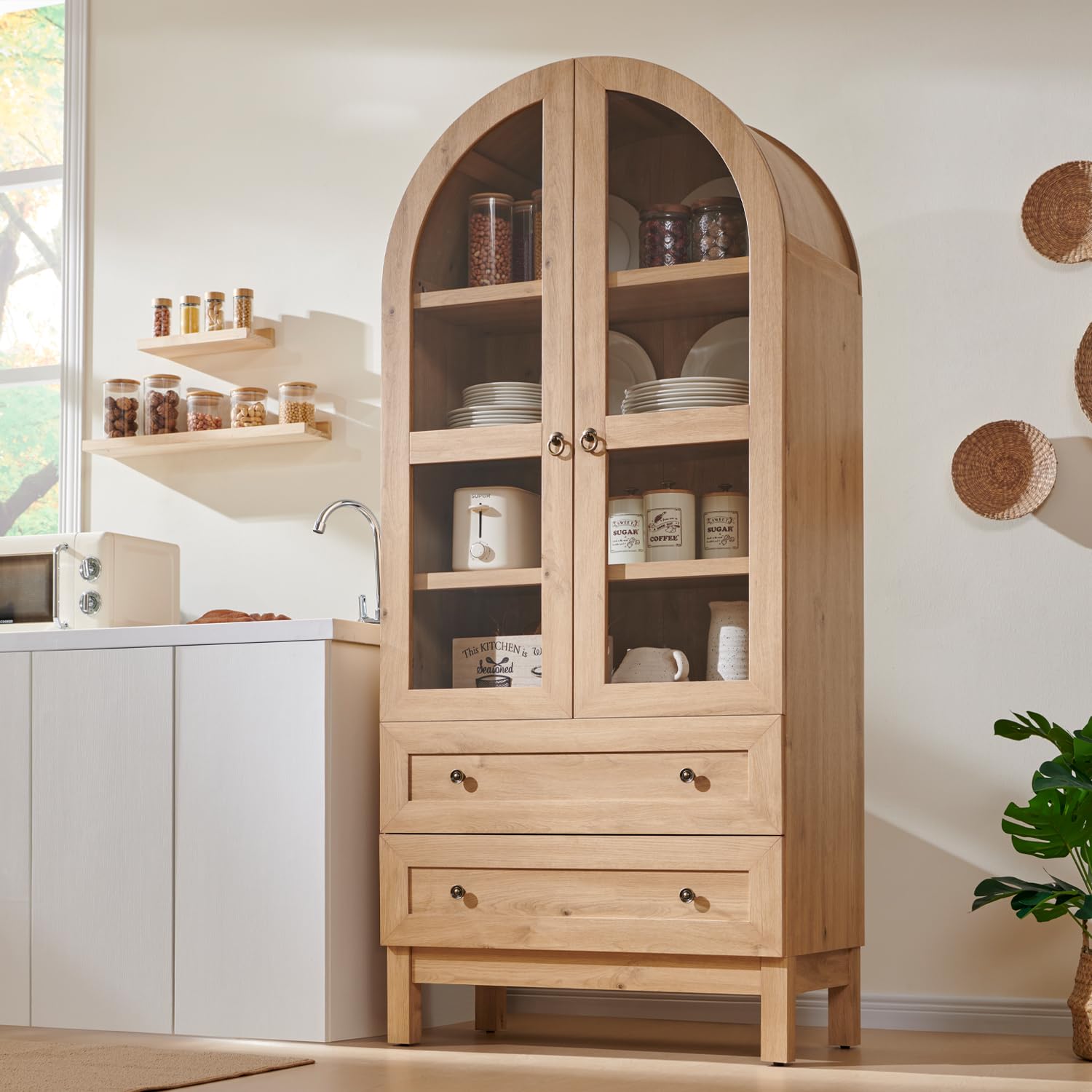 Tall Arched Kitchen Pantry Cabinet with Drawers