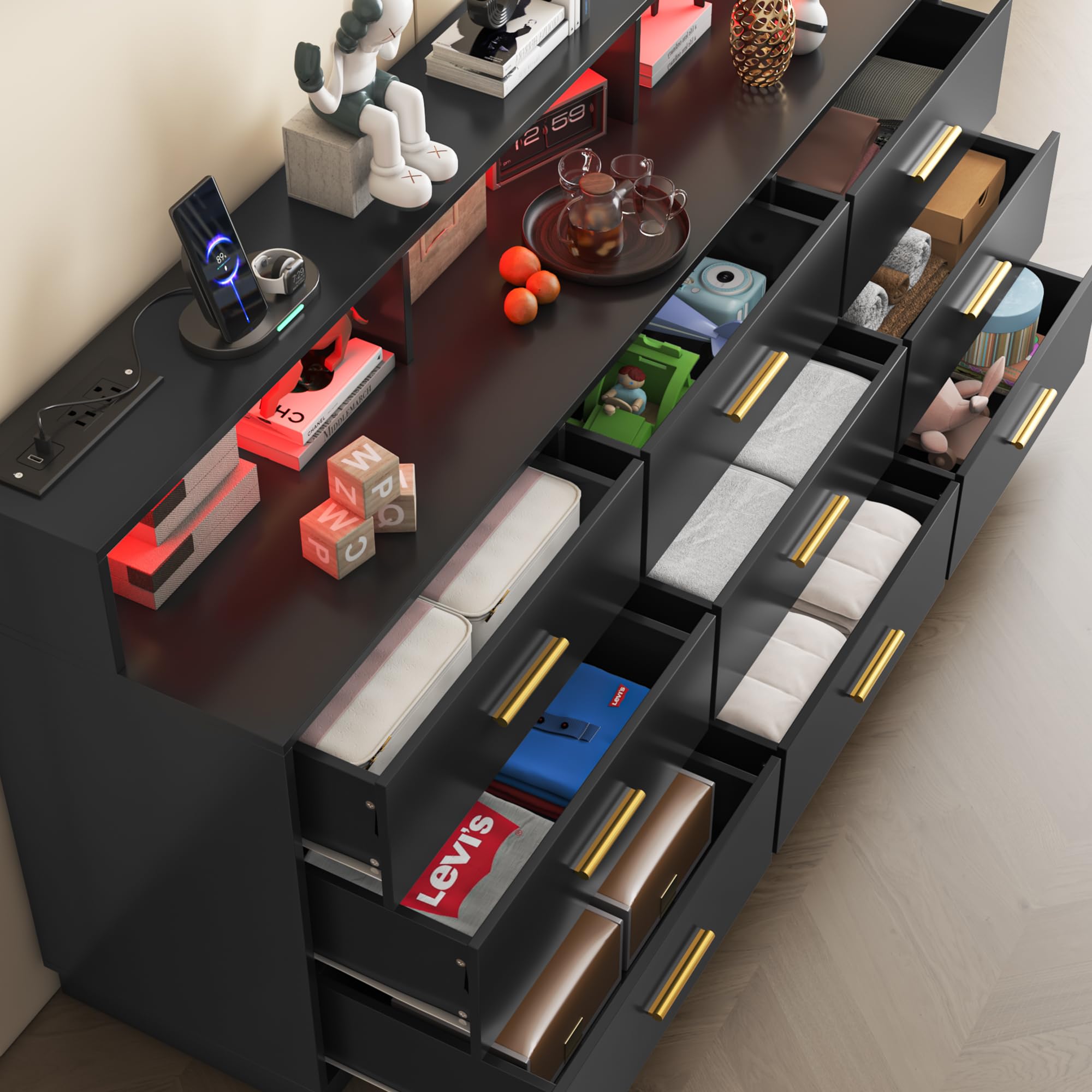 9 Drawer Dresser with LED Light and Power Outlet
