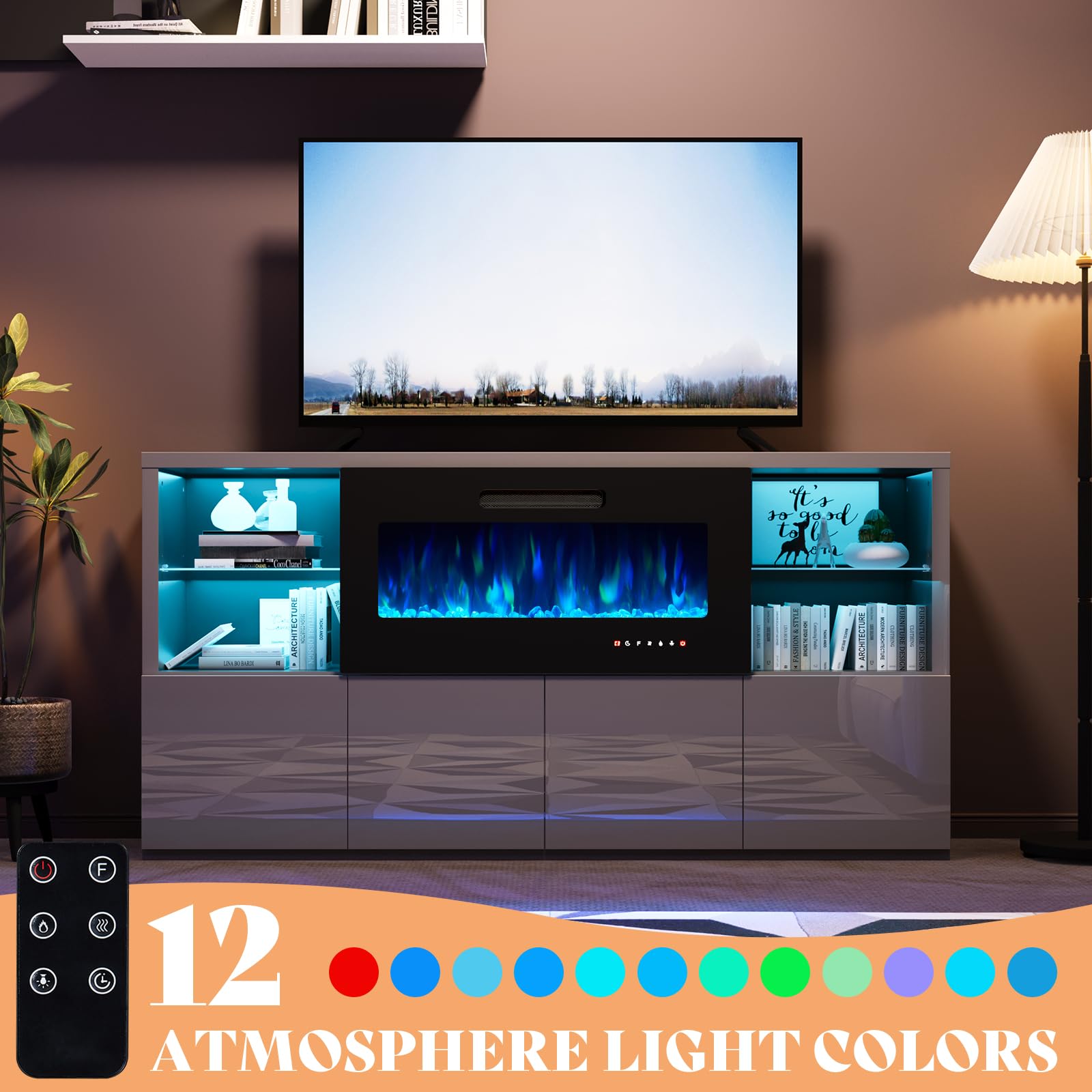 68" High Gloss Fireplace TV Stand with LED Lights