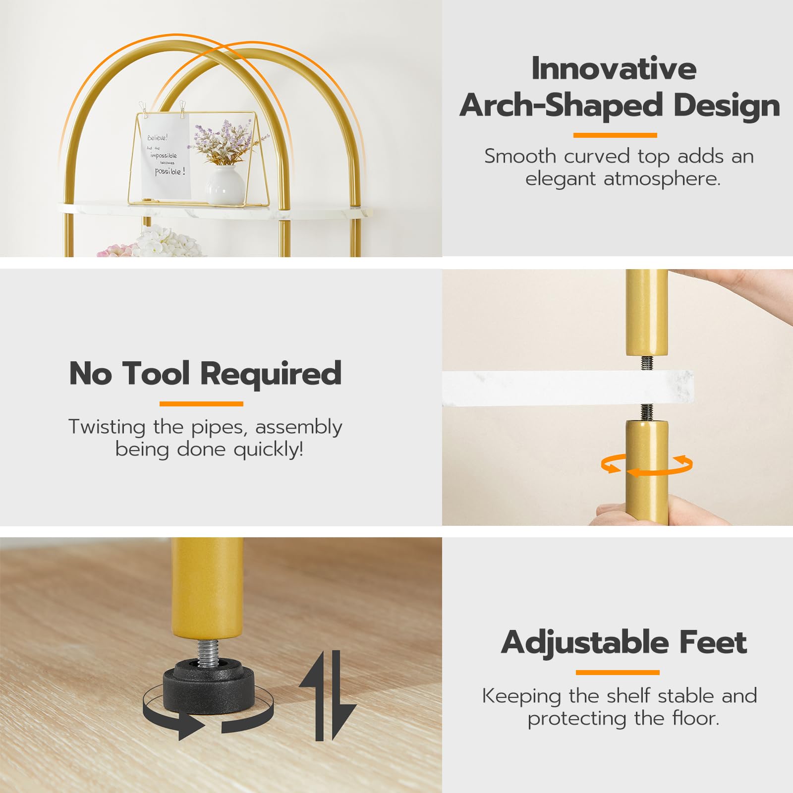 5 Tier Arched Bookshelf Gold Metal Frame