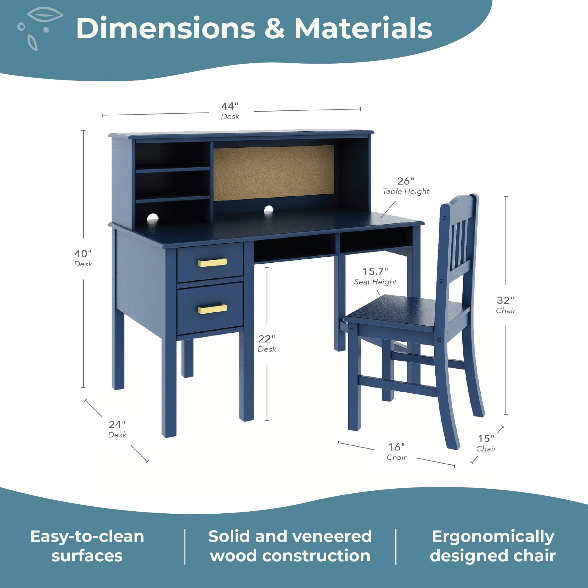Kids Desk and Chair Set with Hutch - Navy