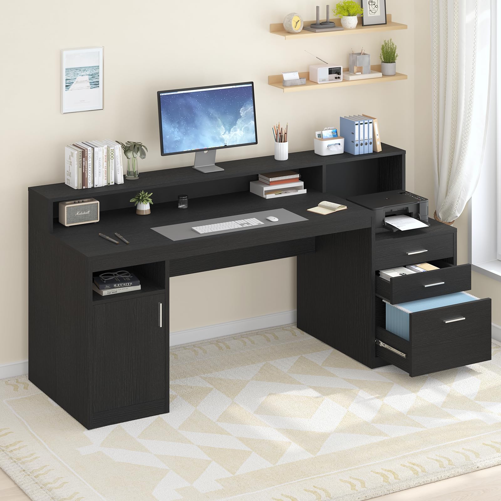 Computer Desk with 3 Drawer Storage Shelves and File Cabinet