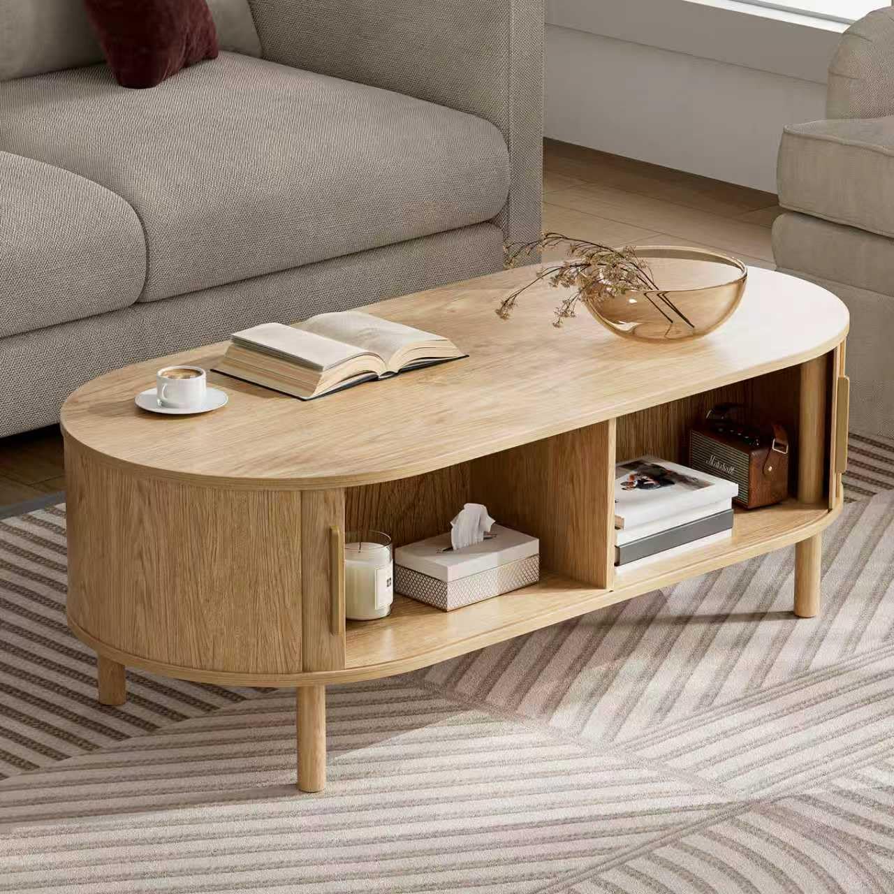 Oval Coffee Table with Sliding Door Cabinets