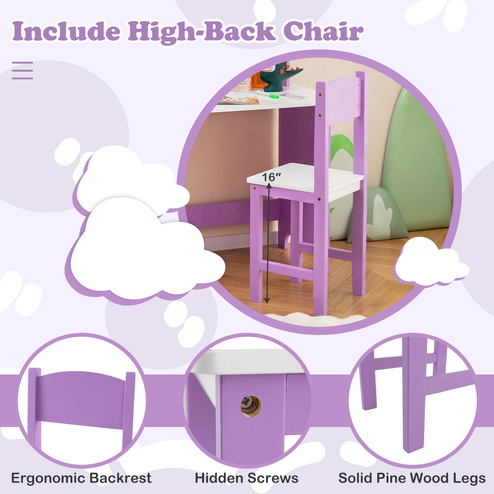Kids Desk and Chair Set with Hutch, Cork Board and Whiteboard