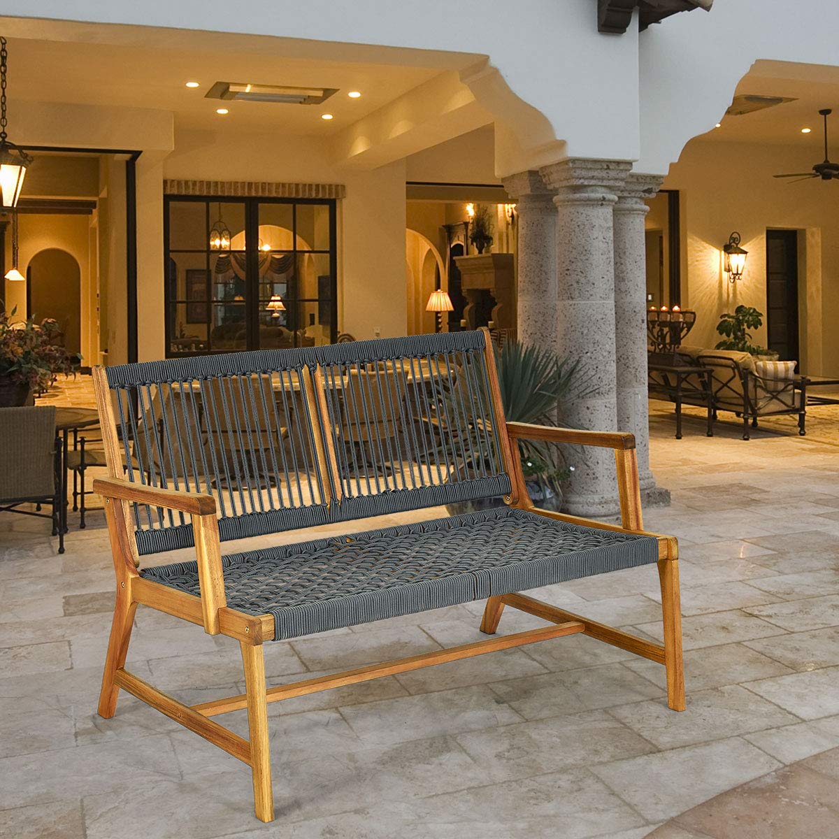 2 Person Acacia Wood Patio Bench Loveseat with Rope Design