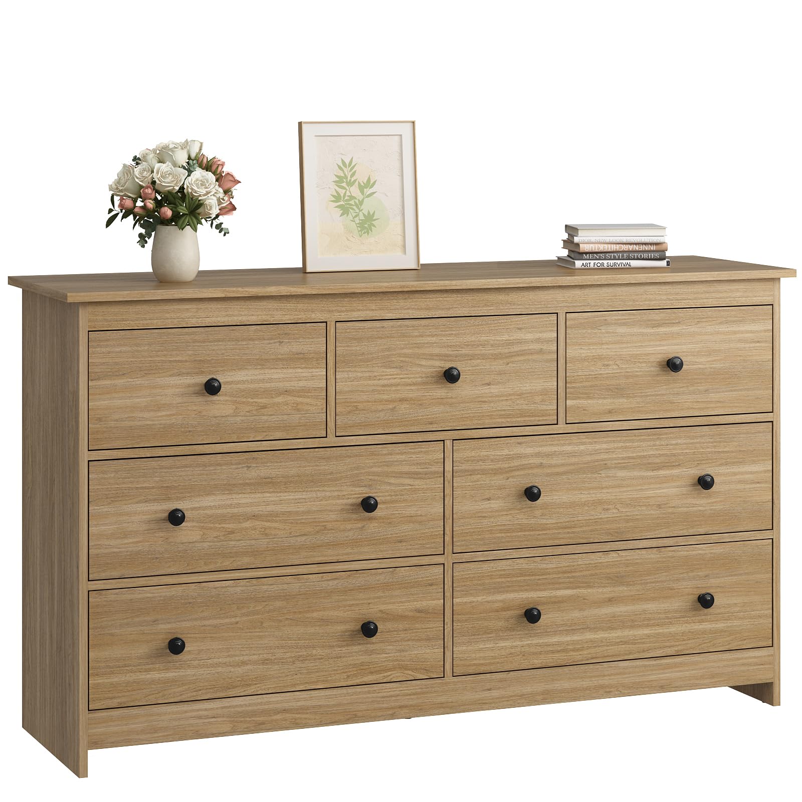7 Drawer Dresser 55 Inch Wide Natural Wood Chest
