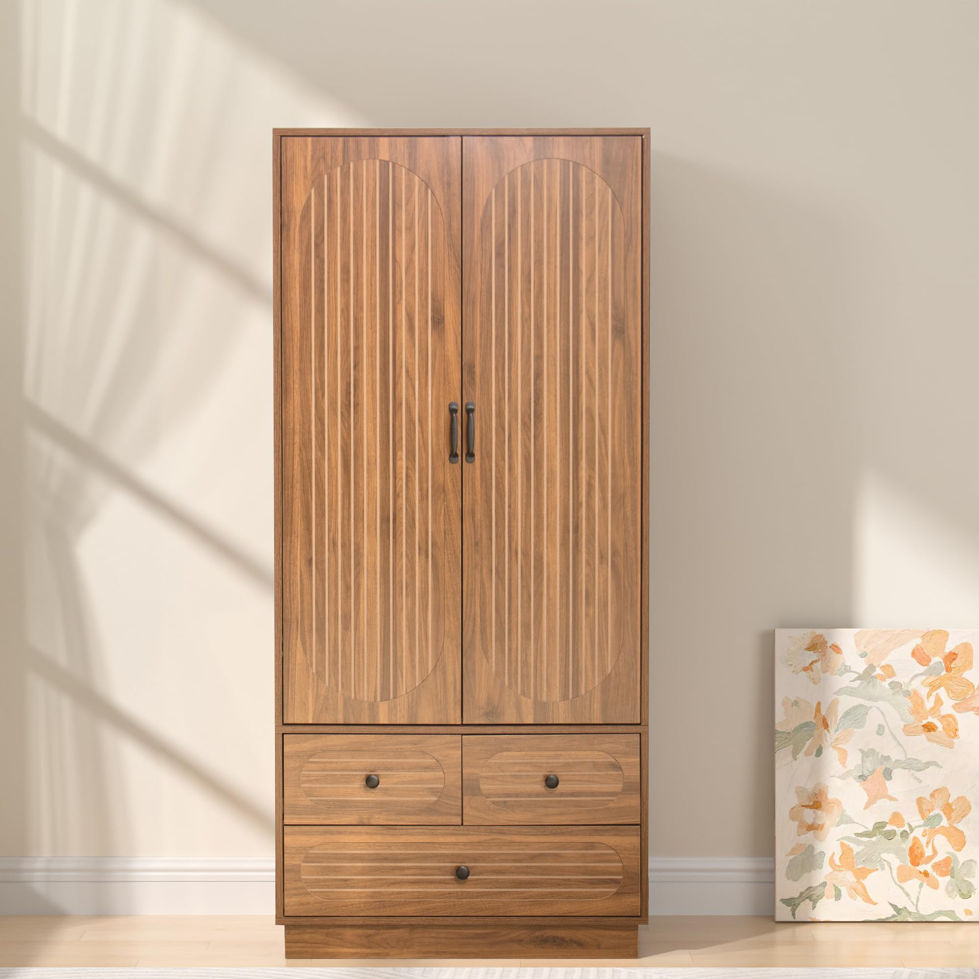 Armoire Wardrobe Closet with Doors and 3 Drawers - Walnut