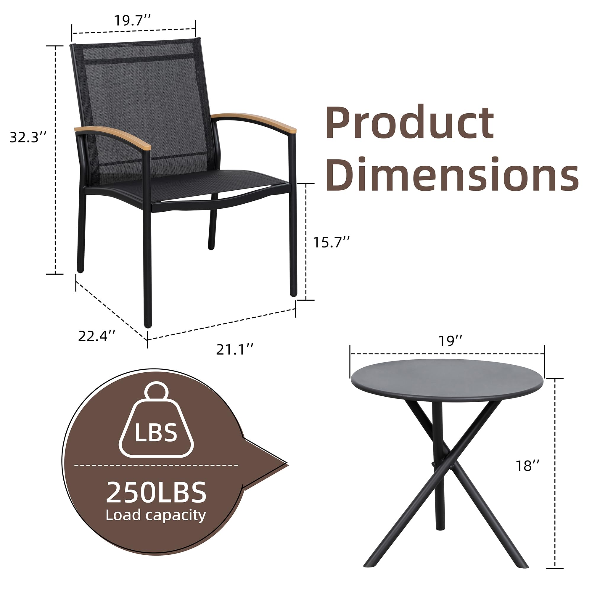 3-Piece Patio Bistro Set with Textilene Fabric Chairs and Table