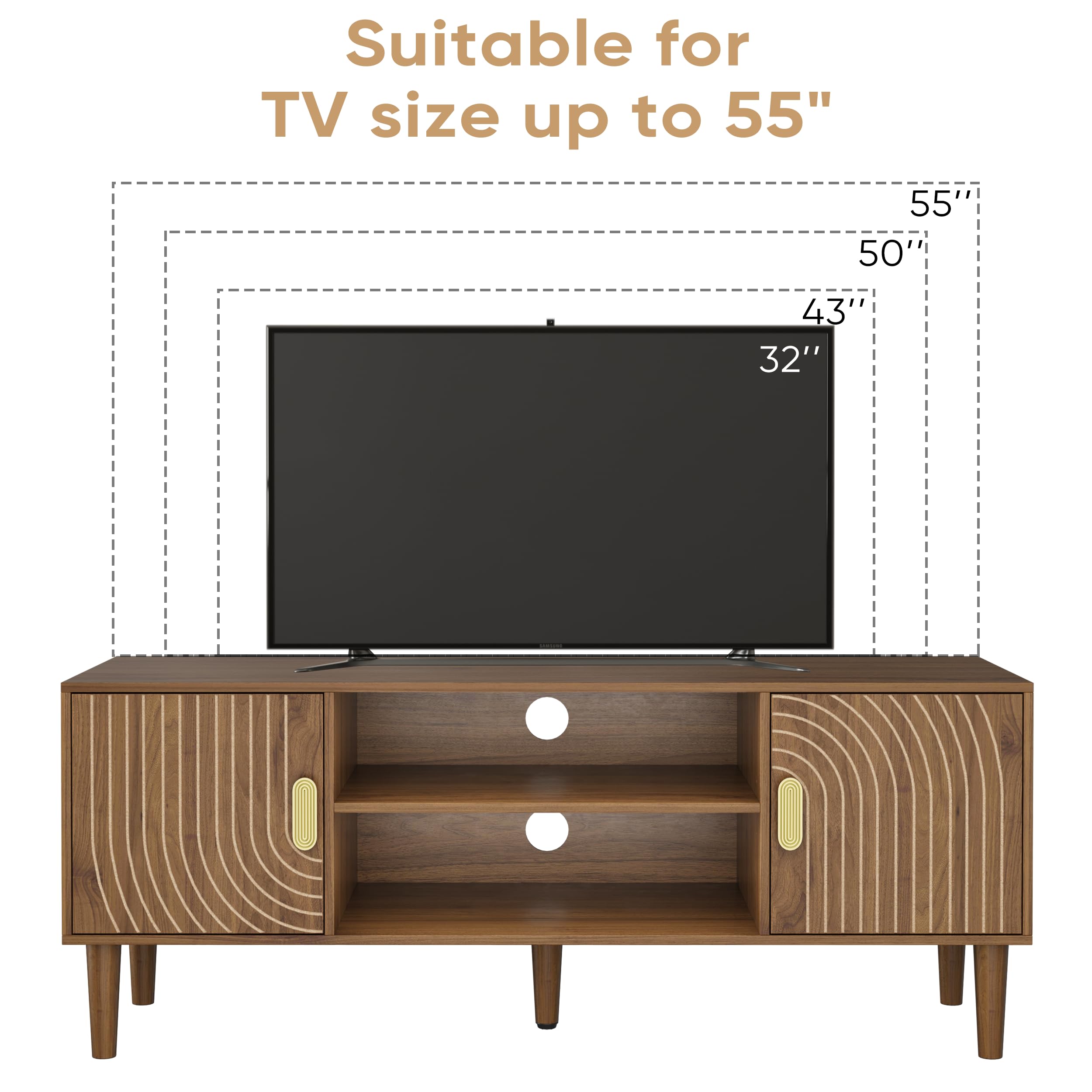 Walnut TV Stand with Line Groove Design - 47.2" Mid Century Modern Media Console
