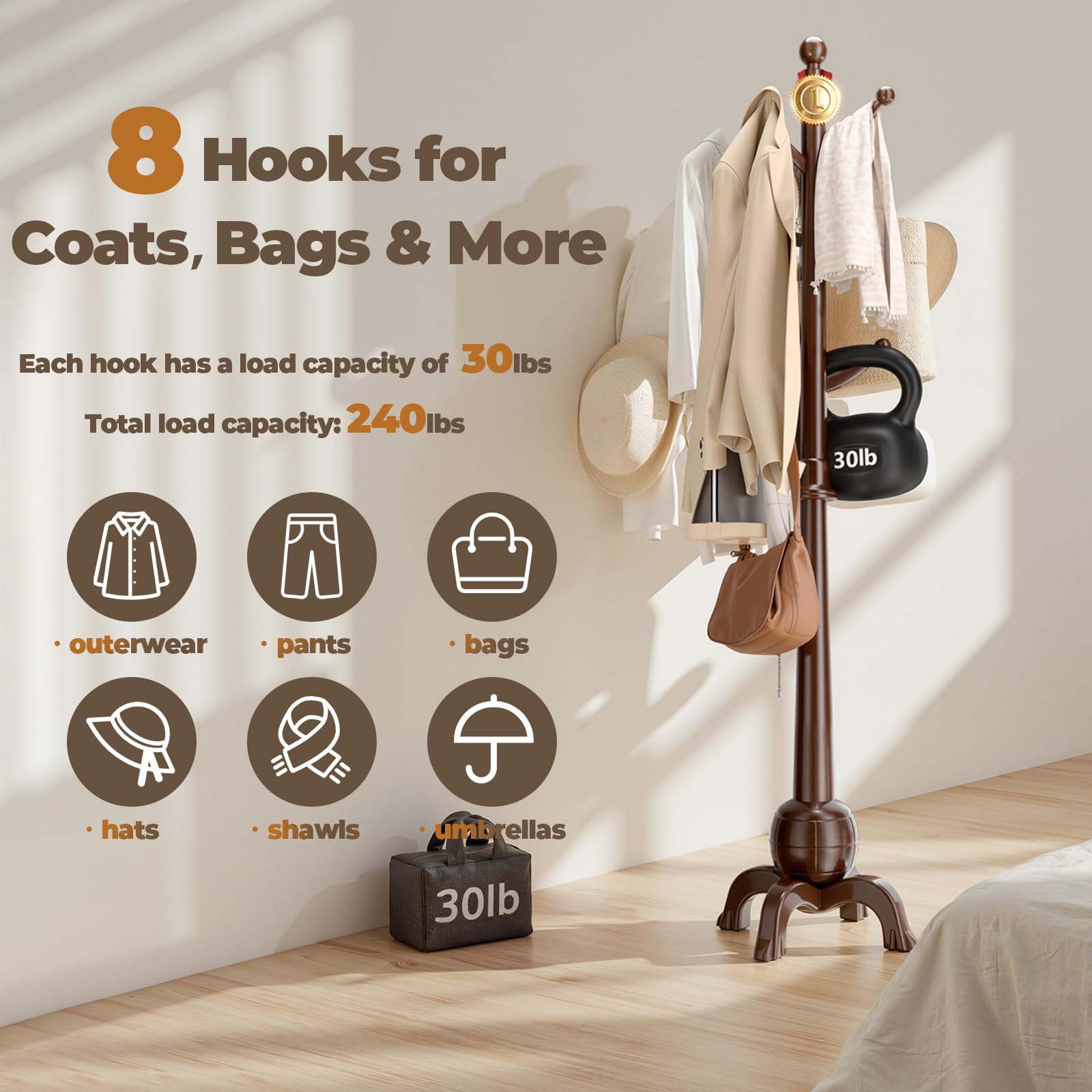 Freestanding Wooden Hall Tree with 8 Hooks