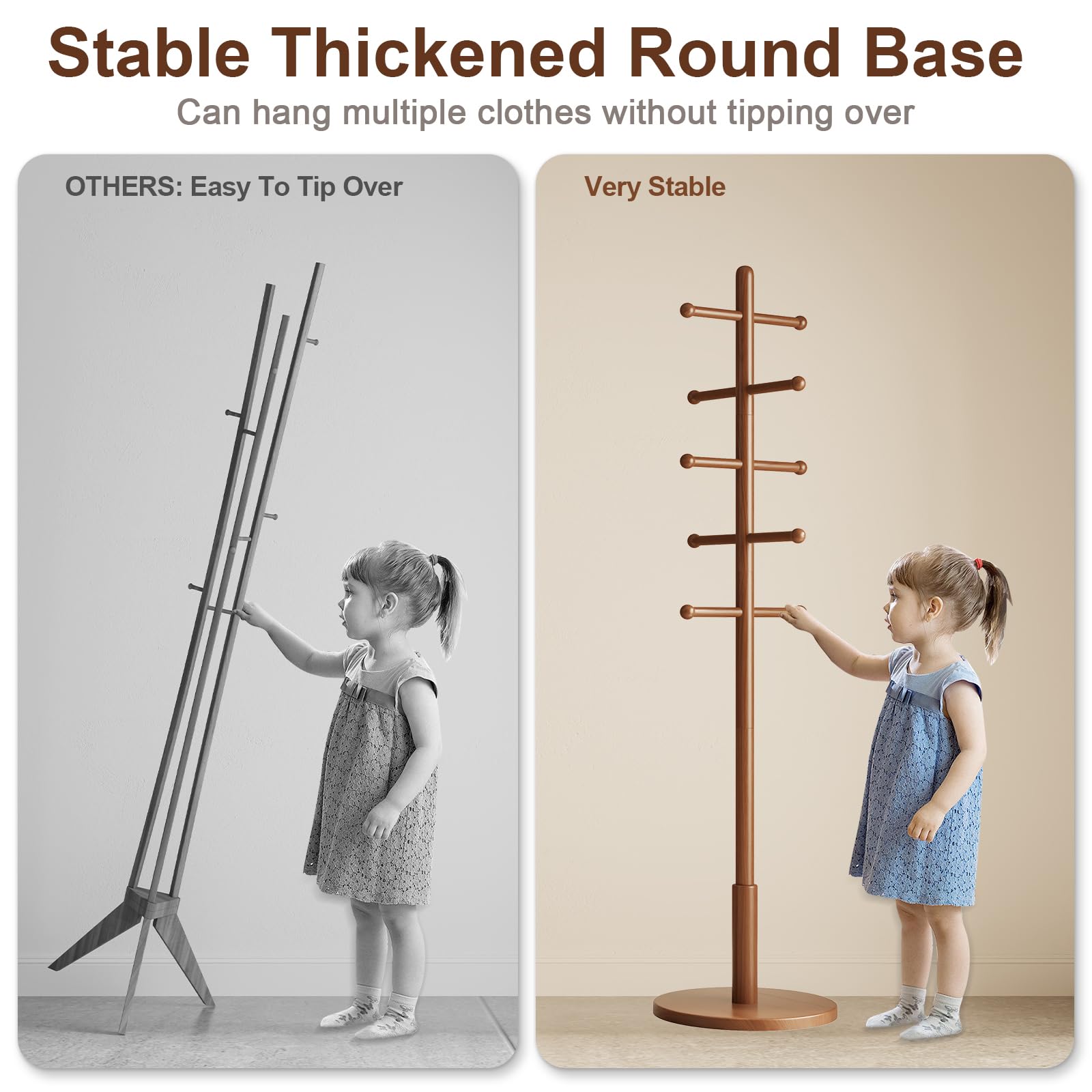 Solid Wood Coat Rack Freestanding with 10 Hooks