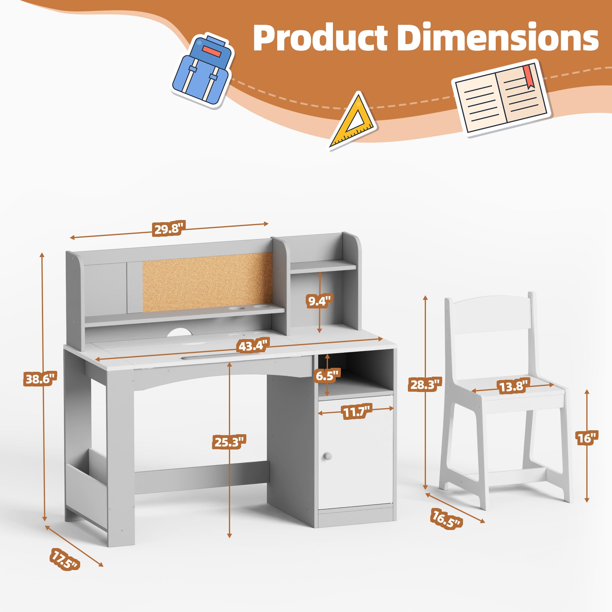 Kids Study Desk and Chair Set with Hutch Storage