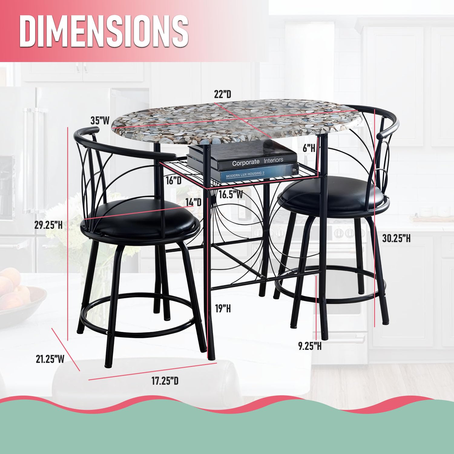 3-Piece Faux Marble Pub Dining Set with Storage
