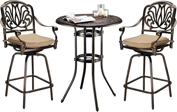3-Piece Outdoor Bar Set with Aluminum Table and Cushioned Chairs