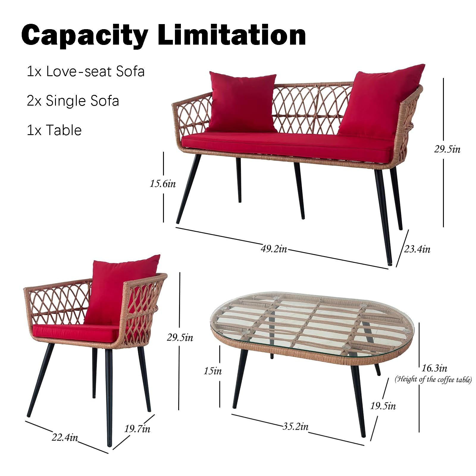 4 Piece Patio Furniture Set with Wicker Sofa and Glass Table