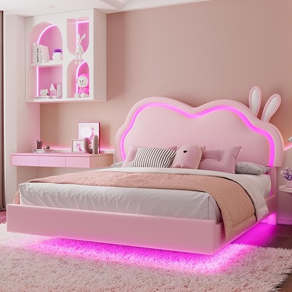 Queen Pink Upholstered Platform Bed with LED Lights