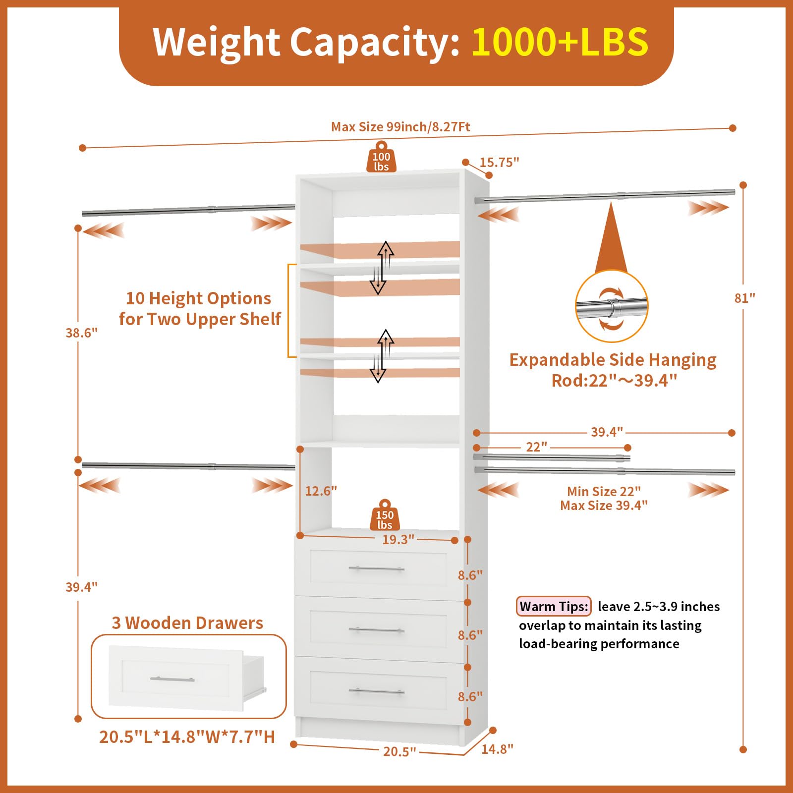 96-Inch Closet Organizer System with Drawers and Adjustable Shelves