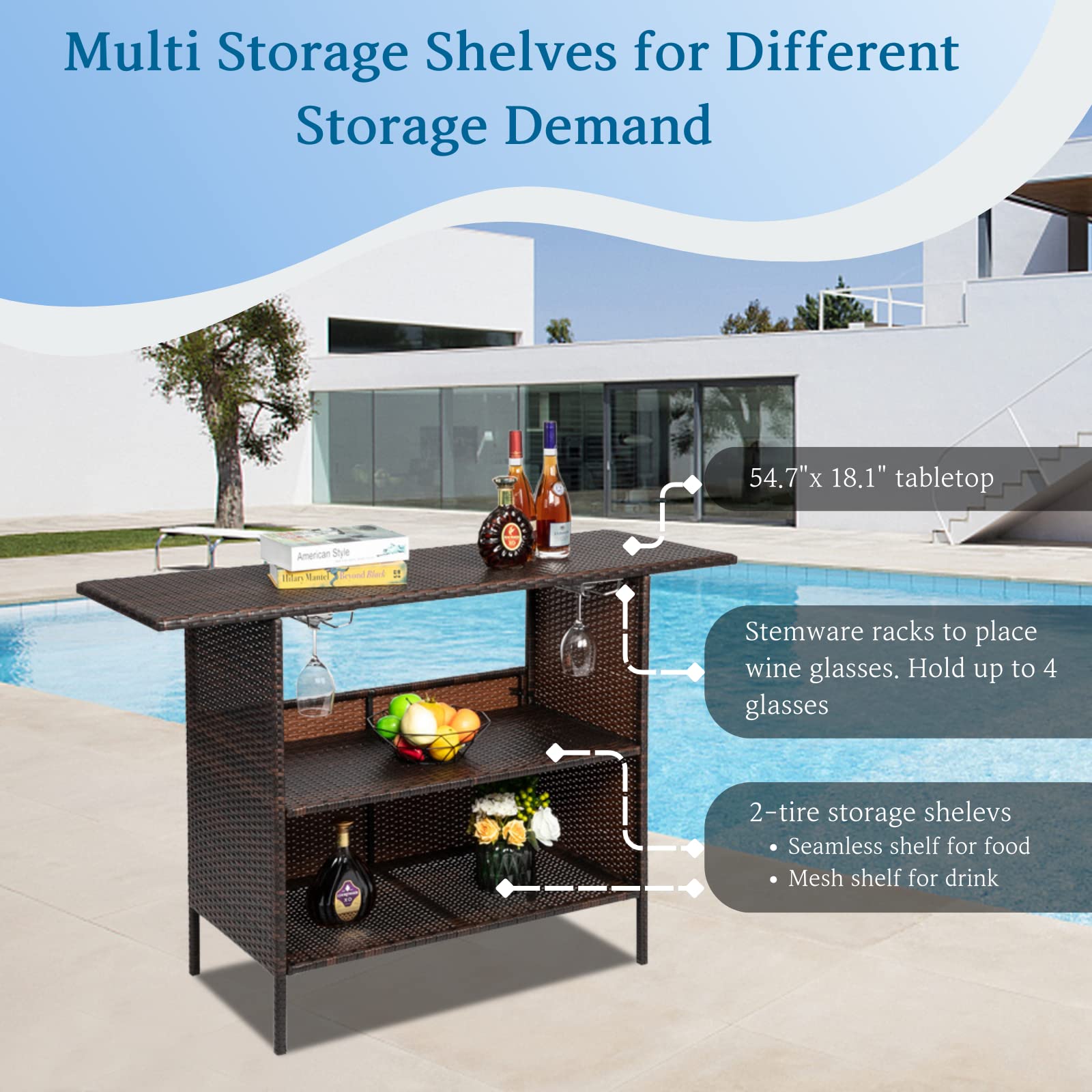 Outdoor Bar Counter Table with Storage Shelves and Wine Racks