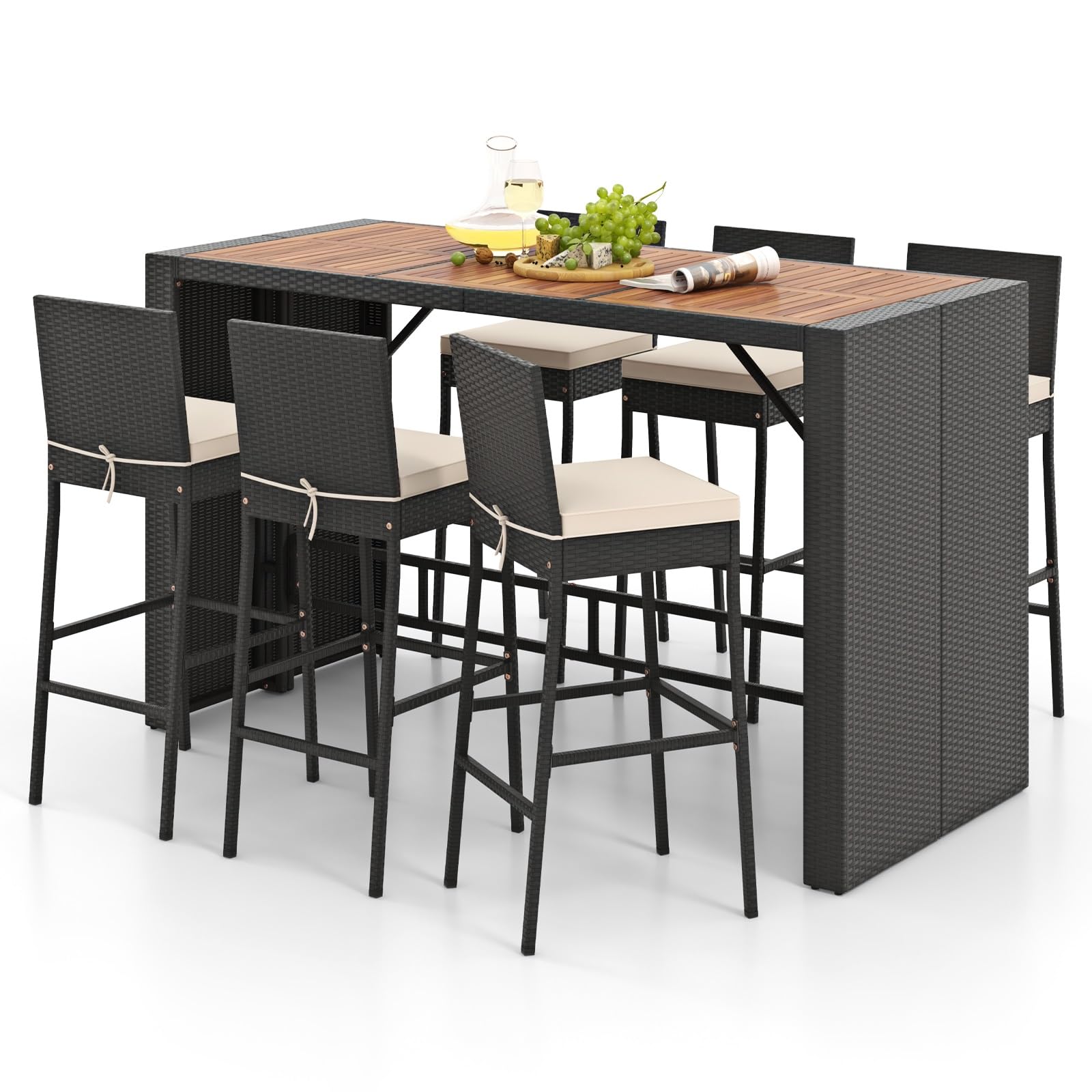 7-Piece Outdoor Bar Set with Acacia Wood Table and Wicker Stools