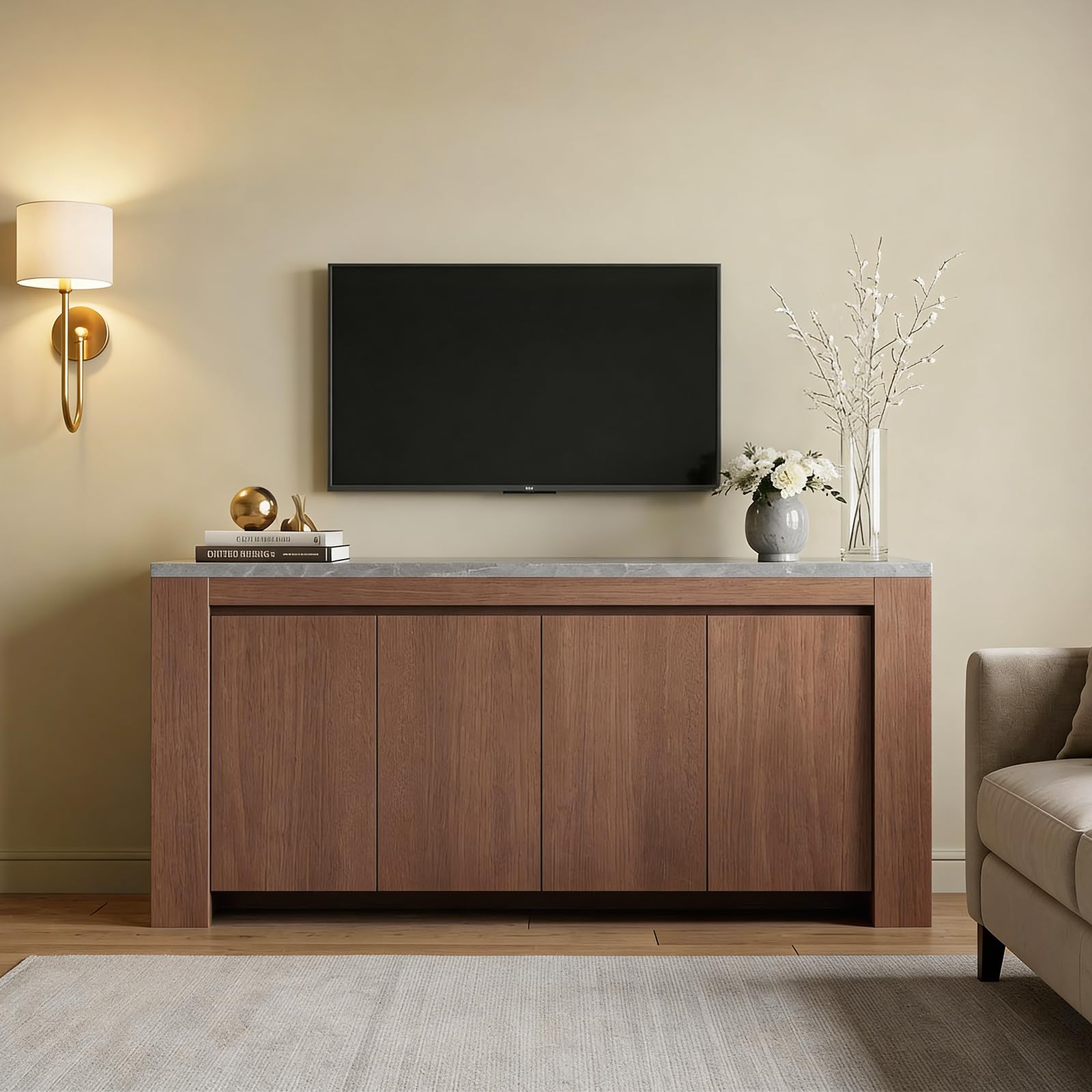 63" Sideboard Buffet Cabinet with Faux Marble Top